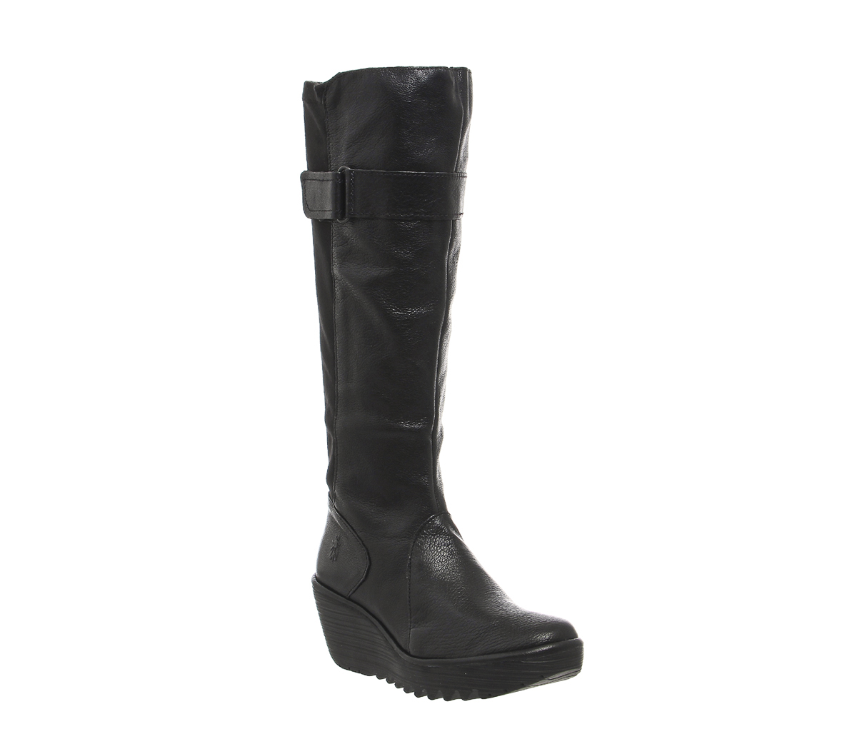 Fly London Yash Wedge Knee Boots Black Leather - Knee High Boots